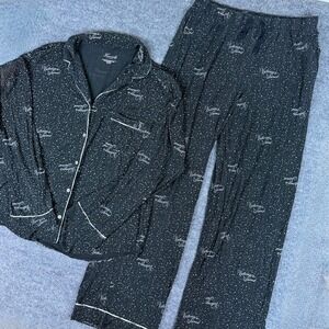 Victoria's Secret Heavenly Supersoft Pajama Set Black Star Print Sleepwear Sz LG